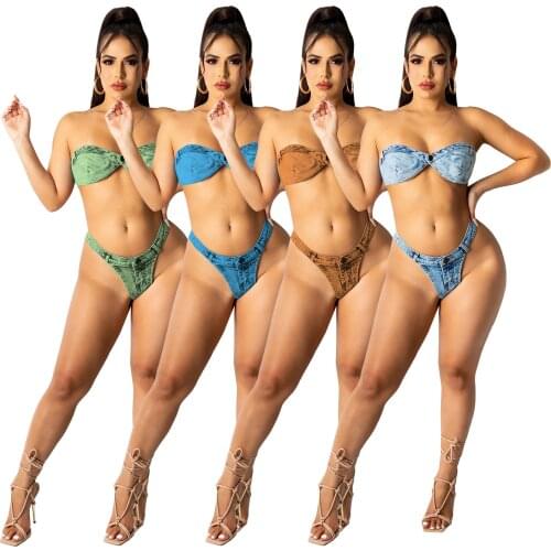 Echoine Women Imitation denim Swimsuit Sports Bikini Fitness Two Piece Bathing Suit Beachwear Summer Sexy Tracksuits Outfits