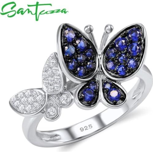 SANTUZZA 100% 925 Sterling Silver Ring For Women Shiny Blue White Cubic Zirconia Delicate Butterflies Party Trendy Fine Jewelry