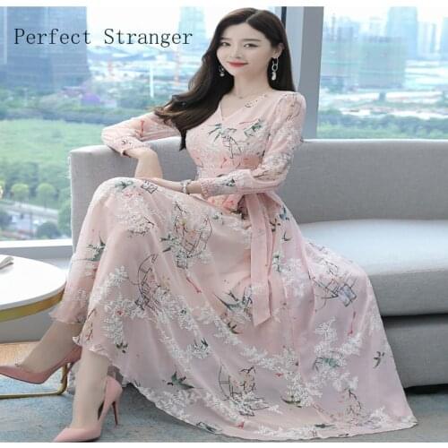 2021 Autumn Korean Elegant New Arrival Dress For Women Long SleeveCollect Waist Flower Embroidery Lady Chiffon Long Dress