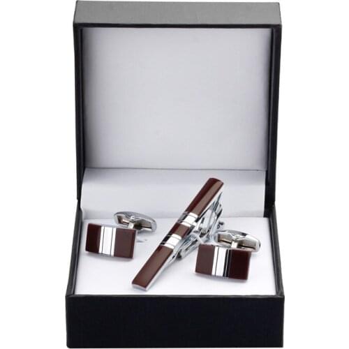 2017 High Quality Stainless Steel Enamel red Cufflinks and Tie Clip Clasp Bar Set Gift Box Gift For Men French Shirt