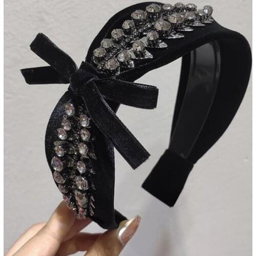 Velvet full shiny rhnestone bow hairbands anti-skid out retro Czech gem hair hoop
