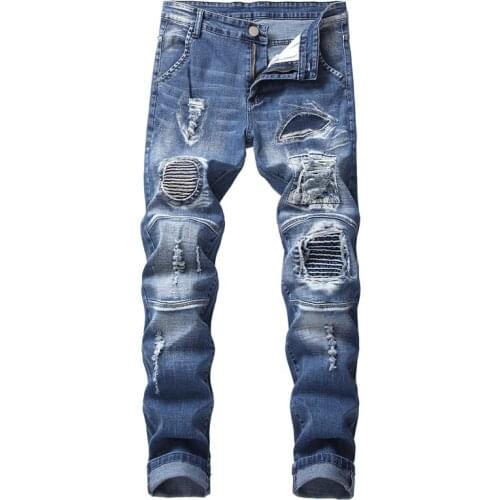 2019 Men blue Motorcycle skinny Ripped Biker Jeans High Street Knee holes Distressed Hip Hop Casual Denim Cargo jeans trousers