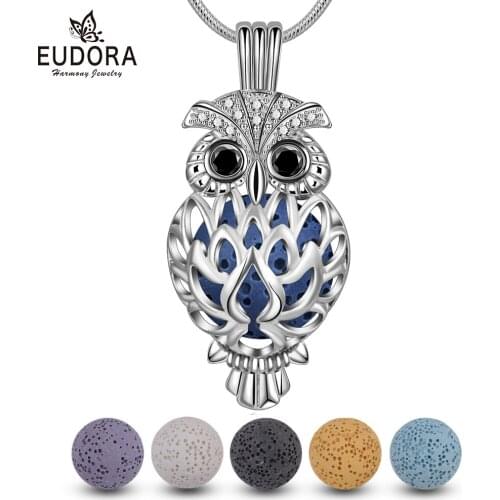 Eudora 14 mm Owl Cage Locket Lava Stone Pendant Perfume Aromatherapy Locket Diffuser Necklace For Women DIY Jewelry K332N14