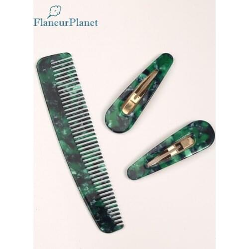 FlaneurPlanet Vintage Malachite Mother of Pearl Acetate Comb and Hairpin Set Perfect Travel Kit