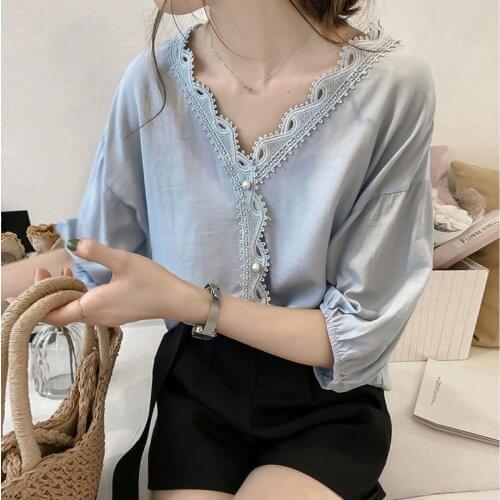 Korean Style Elegant Chiffon blouse Women Short Sleeve Lace Shirts Casual Plus size Feminine Tops Blusas