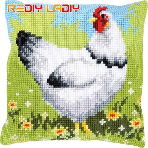 Cross Stitch Cushion Cover White Chicken Pillow Case Pre-Printed Canvas Thick Yarn Cross-stitch Kits Needlepoint Arts and Crafts