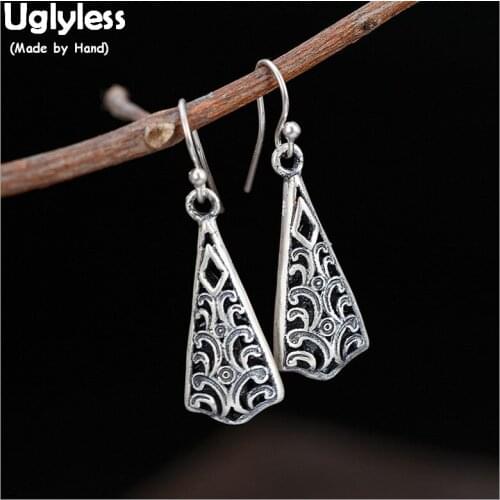 Uglyless Ethnic Triangle Earrings for Women Hollow Vines Thai Silver Geometric Earrings 100% Real Solid 925 Silver Fine Jewelry