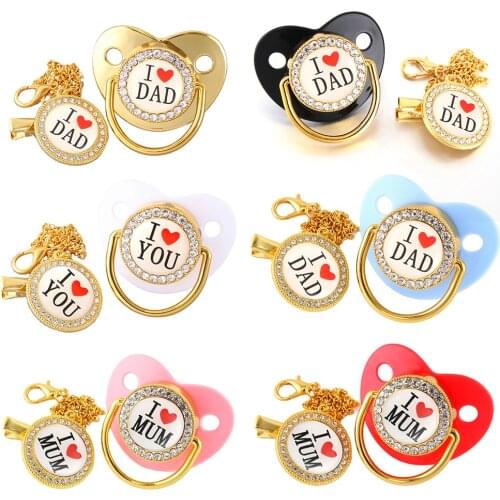 Bling Golden Pacifier Chain Clips Baby Soother I Love Mum Dummy Silicone Infant Nipple Newborn Baby Shower Gift