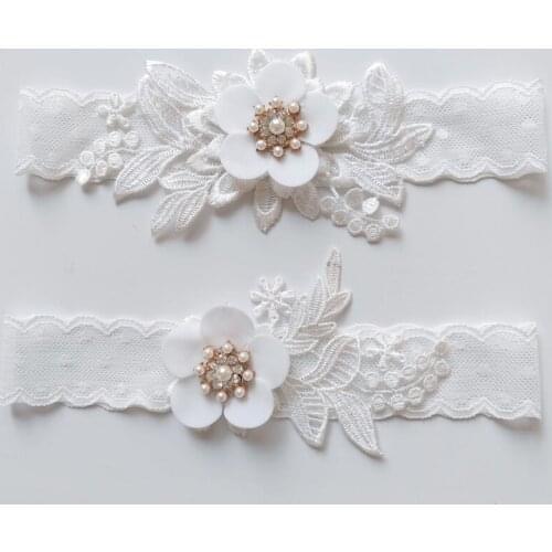 Women White Lace Embroidery Floral Beading Sexy Wedding Garters 2pcs Set Ladies Bride Accessories Thigh Ring Bridal Leg Garter