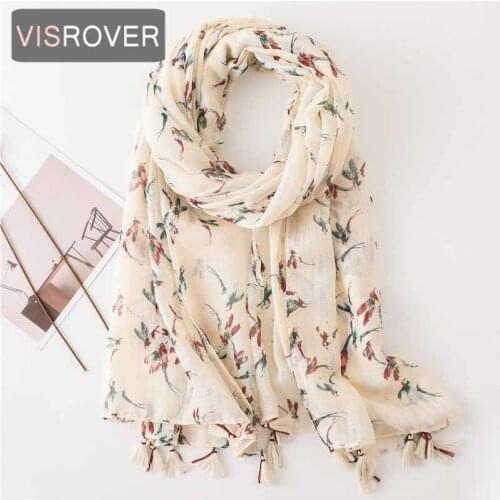 VISROVER 2021 new bird printing viscose summer scarf with tassel Fashion beach Wraps Spring Shawls beige Hijab gift wholesales