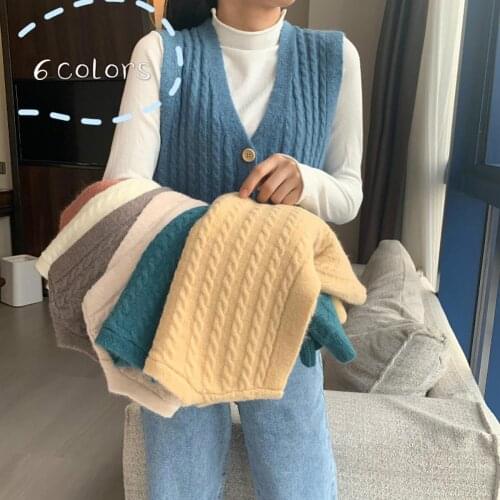 Women Solid Color V Neck Single-breasted Braid Knitted Cardigan Waistcoat Vest sleeveless sweater knit vest autumn