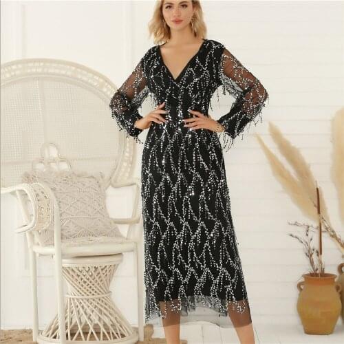 Women 2021 Autumn Fashion Sexy Tassels Sequins Patchwork Elegant Dress Vintage Lace V-neck A-line Backless Party Dress Vestidos