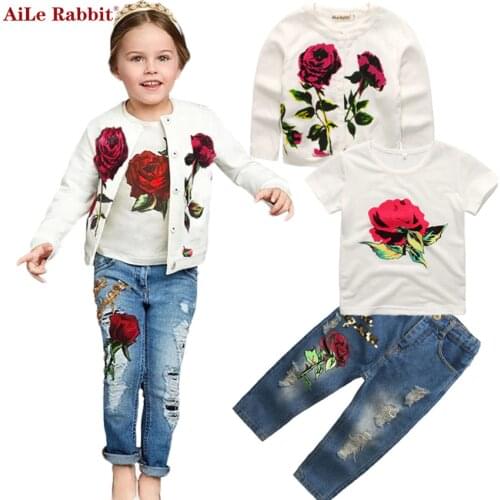 AiLe Rabbit Autumn Newest Girls Clothes Suit Jacket T shirt Jeans 3 Pcs Set Fashion Rose Cardigan Tops Sequin Kids Coat k1