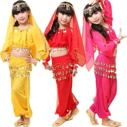 Child belly dance costume set kids dance clothes girl india performance wear 5pcs long sleeve Top&Pant&Belt&Headband&Bracelet