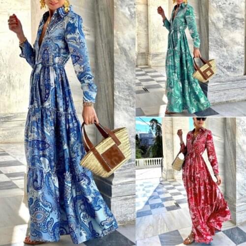 Spring And Autumn Elegant Long-sleeved High-waist Dress Stitching Printed Casual Style And Floor-length Skirt