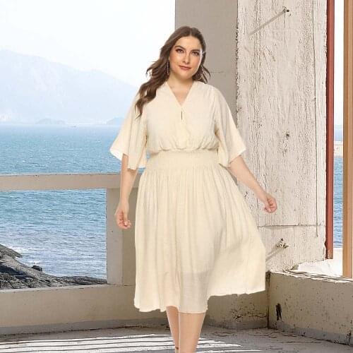 Elegant Women Dress Fashion V-Neck Leisure High Waist Plain Midi Dress OL Casual Short Sleeve Party vestidos Dress Plus Size 4XL