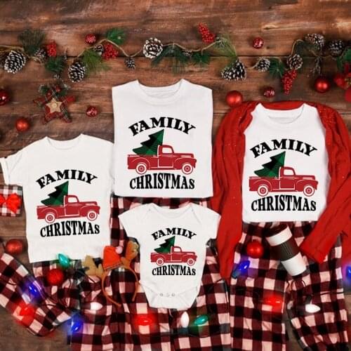Truck Tree Print Family Matching T Shirt Christmas Mom Dad Kid Outfit Shirt Mother Daughter Son Girl Boy Clothes Baby Romper Top