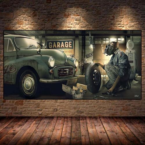 Dog Repairing The Car Pictures Print Canvas Cool Bulldog Art Posters and Prints Modern Wall Pictures for Living Room Home Decor