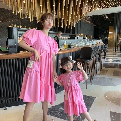 2021 Spring Mother And Daughter Parent-Child Girl Square Collar Long Sleeve Solid Color Fashion Dress