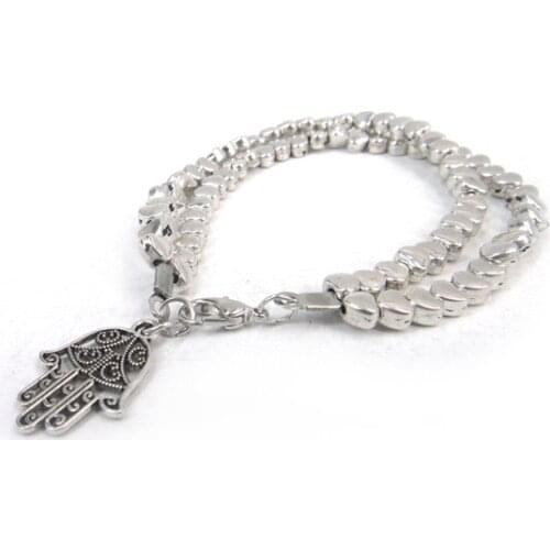 MOODPC New arrival women metal double cute heart beads with alloy fatima hand charm Bracelet