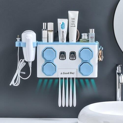 Storage bathroom accessories storage box set with tooth cup, automatic toothpaste dispenser, wall-mounted toothbrush holder