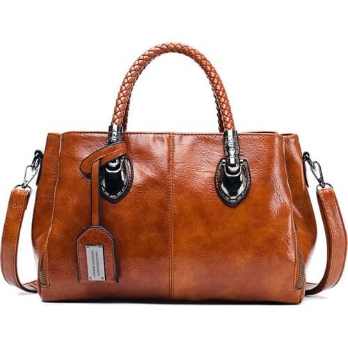 2021 New Womens Oil Wax Pu Leather Handbag Retro Boston Bag Soft Large Clutch Bag