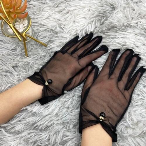 Elegant Women Transparent mesh Finger Sunscreen Mittens Sexy Female Etiquette Performance Pearl Lace Tulle Short Sun Gloves