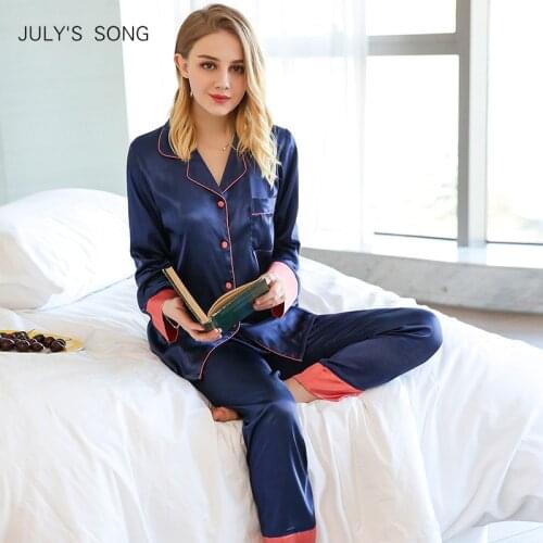 JULYS SONG 2 Piece Spring Summer Women Faux Silk Satin Pajamas Set Long Sleeve Sleepwear Pajamas Suit Female Sleep Homewear