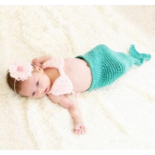 Newborn Baby Girl Crochet Mermaid Photography Props Outfits Neonatal Little Girl Baby Family Pic Photo Shoot Props Shower Gift