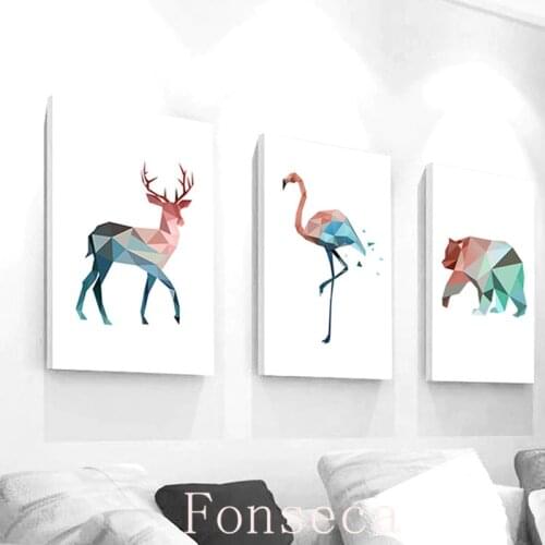 Nordic Pink and Blue Geometric Animals Posters Wall Art Canvas Paintings Deer Beer Crane Pictures Living Room Home Decor