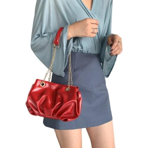PU Leather Retro Hobo Handbag for Women Fashion Ruched Pleated Chain Strap Shoulder Bag Party Clubwear Luxury Purses Designer
