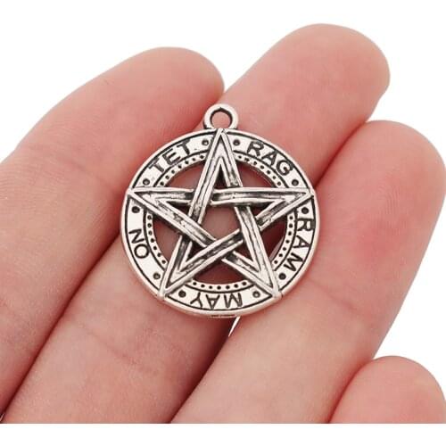 20 x Tibetan Silver Round Neo-Gothic Pentagram Pentacle Charms Pendants Pagan Wicca for Necklace Jewelry Findings 28x24mm