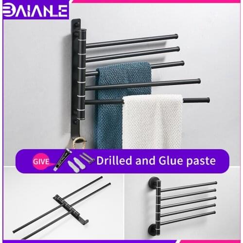 Bathroom rotating towel bar hook stainless steel black wall mounted double towel racks glue paste washroom towel ring holder