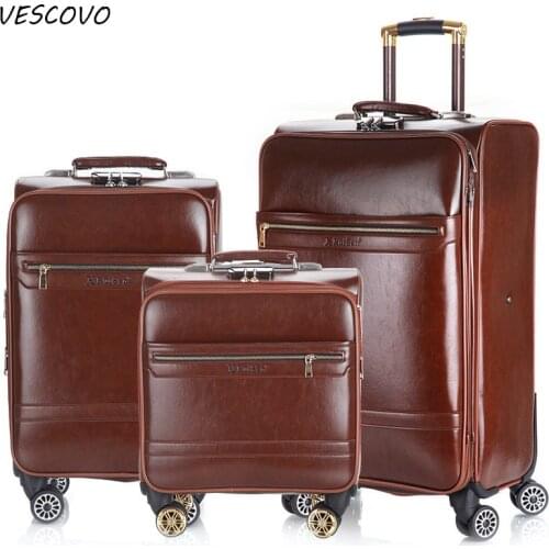 VESCOVO Business luggage16"20"24inch High-quality PU leather Rolling Luggage Spinner Brand Boarding Travel Suitcase Trolley Bag