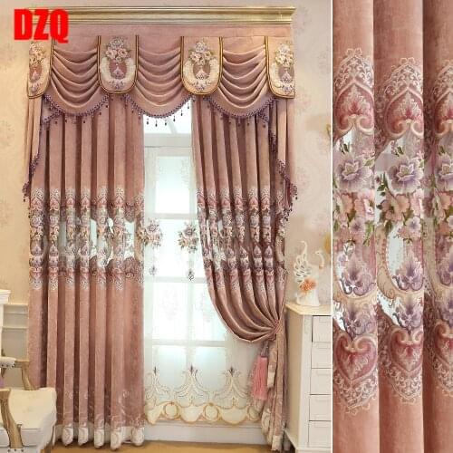 European Style Curtains for Living Room Dining Bedroom Luxury Embroidery Fabric Brown Pink CurtainTulle Custom Curtain Valances