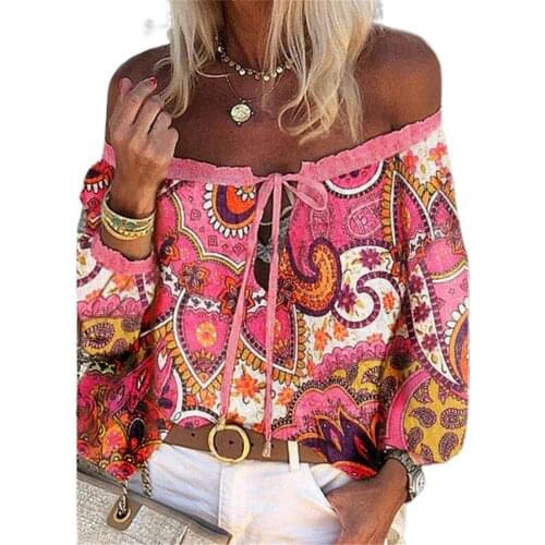2021 Boho Blouse Elegant Floral Print Flare Sleeve Shirt Sexy Lace-up Tassel Off Shoulder Women Tops Spring Summer Chic Blouses