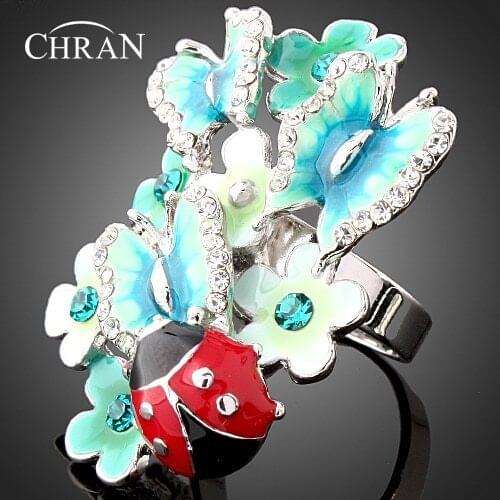 CHRAN Gold Color Ladybug Design Zircon Jewelry Rings Wholesale Crystal Enamel Butterfly Pattern Flower Rings For Women