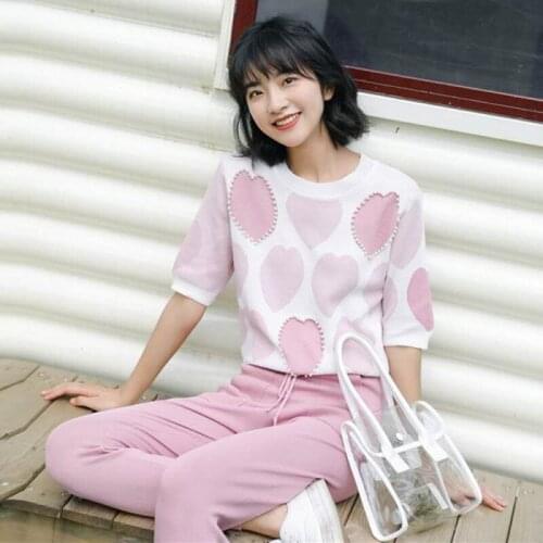 2 Piece Set Women 2020 Spring Knit Outfits Love Heart Beading Short Sleeve O-neck Tops + Lace Up Waist Double Pants Pocket Sets