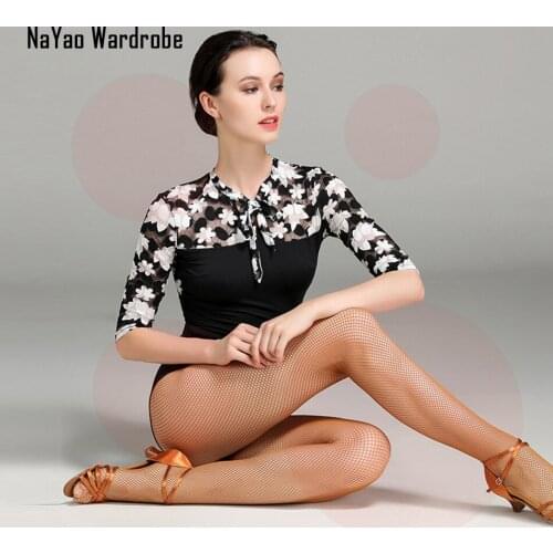 2021 New 1709 Women Latin Dance Bodysuit Half Sleeve Floral Patchwork Design Latin Dancing Tops Performamnce Modern Dance Dress