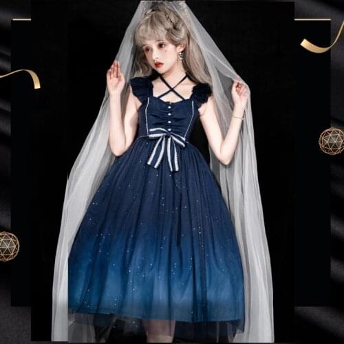 Lolita Fairy Jsk Cross Strap Blue Dress Daily Sweet Bow Princess Loli Summer Victorian Dress Kawaii Girl Cosplay Cos Loli