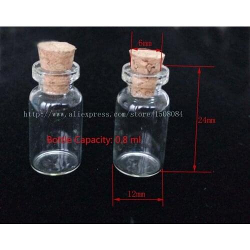 100 Pcs Lot of small glass vials with cork tops 0.8ml tiny bottles Little empty jars 12*24mm