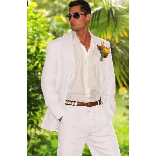 2018 New White Linen Men Suit Beach Groom Slim Fit 2 Piece Tuxedo Custom Prom Wedding Suits Blazer Terno Masuclino Jacket+Pant