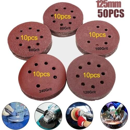 50Pcs 125mm Sandpaper Round Shape Sanding Discs Hook Loop Sanding Paper Buffing Sheet Sandpaper 8 Hole Sander Polishing Pad