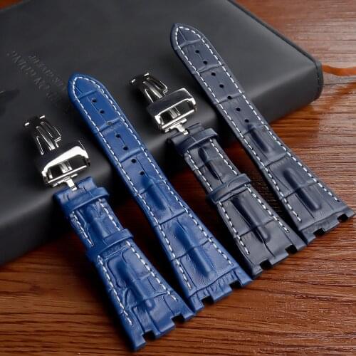 Watch accessories bone grain leather strap folding buckle for AP 15703 26470SO Royal Oak offshore 28mm mens sports strap