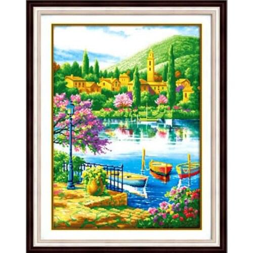 Special Shaped Diamond Painting Cross Stitch 5d Diamond Embroidery Kit Mosaic Pattern Landscape Town Water Wall Decor
