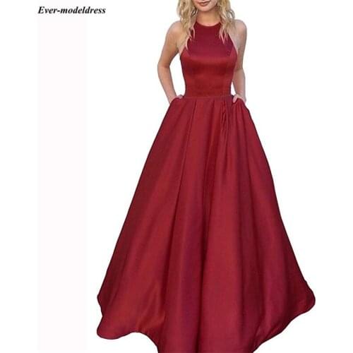 Burgundy Satin Prom Dresses Long Halter Neck Corset Back Pockets Simple Formal Party Evening Gowns Vestidos De Festa 2020 Cheap