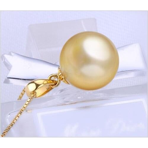 Free shipping gorgeous AAA++ 13-14mm south sea round natural gold pearl pendant 18k chain