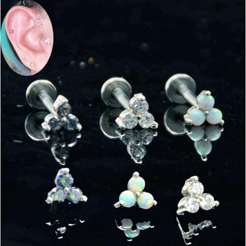 BOG-3PCS Surgical Steel Menage A Trois Internal Threaded Opal Zircon Labret Stud Ear Tragus Cartilage Earring Piercing Jewelry