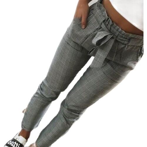 Pants Women Fashion Plaid Pleated High Waist Skinny Pencil Pants Trousers with Sash Slim Casual Fashion Outwear брюки женские