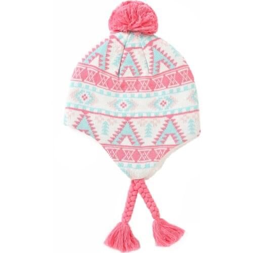 Connectyle Toddler Infant Girls Cute Jacquard Cotton Kids Hat Sherpa Lined Knit Winter Hats with Earflap Beanie Hat With Pom